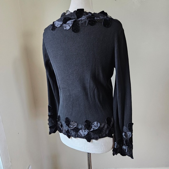 Vintage 90s Y2K Nygard Collection Black Ribbed Embellished Silk Sweater Top L - Picture 7 of 10